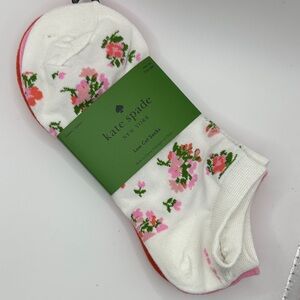 kate spade 3 pairs low cut socks white w/pink & green floral print, red, & pink